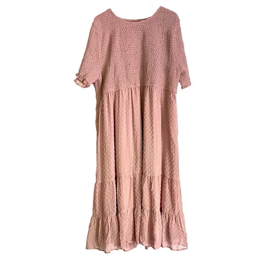 NWT Kervology Plus Size Midi Dress Size 3XL Purple Swiss Dot Tiered Smocked